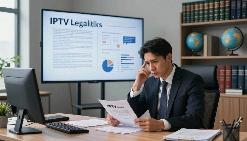 A professional, modern office environment highlighting the theme of IPTV legalities. In the foreground, a well-dressed lawyer sits at a desk, reviewing documents related to IPTV licensing, looking concerned. In the middle ground, a large screen displays complex legal regulations and charts symbolizing IPTV risks. The background features shelves filled with legal books and a globe, depicting international laws. Soft natural lighting enters through a window, casting gentle shadows, creating a serious yet informative atmosphere. Use a wide-angle lens to capture the depth of the office space, with a slight tilt to emphasize the lawyer’s focus on the documents, reinforcing the mood of vigilance and awareness about IPTV legal risks. A professional, modern office environment highlighting the theme of IPTV legalities. In the foreground, a well-dressed lawyer sits at a desk, reviewing documents related to IPTV licensing, looking concerned. In the middle ground, a large screen displays complex legal regulations and charts symbolizing IPTV risks. The background features shelves filled with legal books and a globe, depicting international laws. Soft natural lighting enters through a window, casting gentle shadows, creating a serious yet informative atmosphere. Use a wide-angle lens to capture the depth of the office space, with a slight tilt to emphasize the lawyer’s focus on the documents, reinforcing the mood of vigilance and awareness about IPTV legal risks.