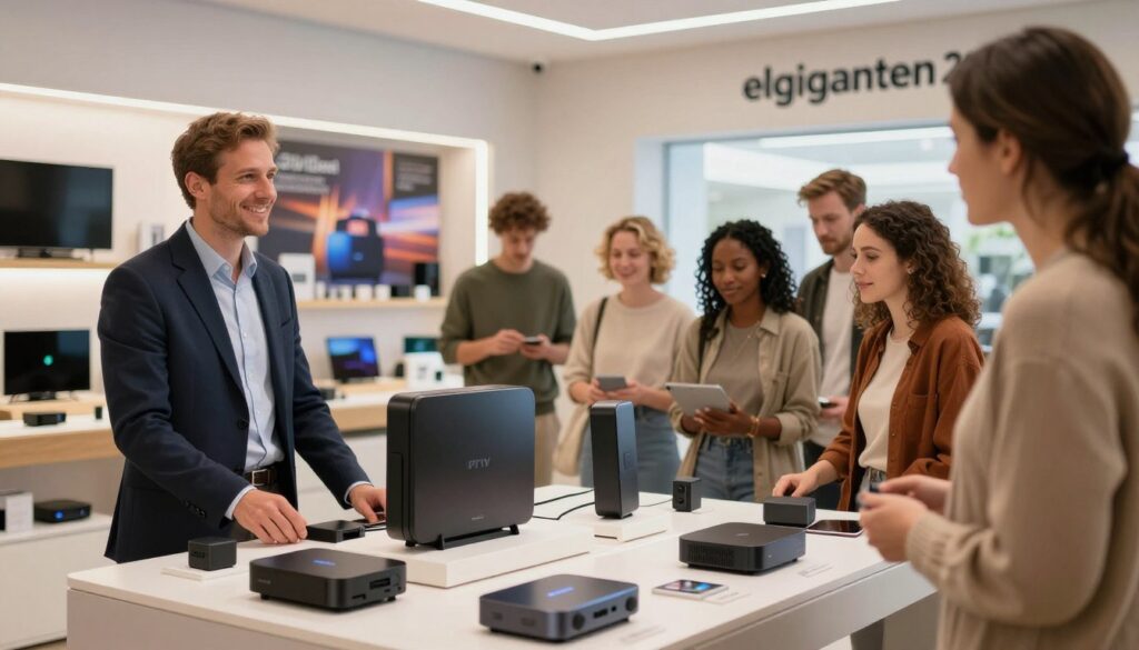 A sleek and modern Elgiganten electronics store interior, showcasing a well-organized display of various streaming devices such as IPTV boxes and media players. In the foreground, a friendly sales associate in professional attire is assisting a diverse group of customers, discussing the features of the products. The middle ground highlights an attractive arrangement of streaming hardware, well-lit under bright, inviting spotlights, emphasizing the products' sleek designs. The background features the store's branding and promotional materials on the walls, creating a warm, welcoming atmosphere. The scene captures a sense of trust and expertise, with a soft focus on the customers' engaged expressions. The overall lighting is bright and cheerful, creating a positive shopping experience.