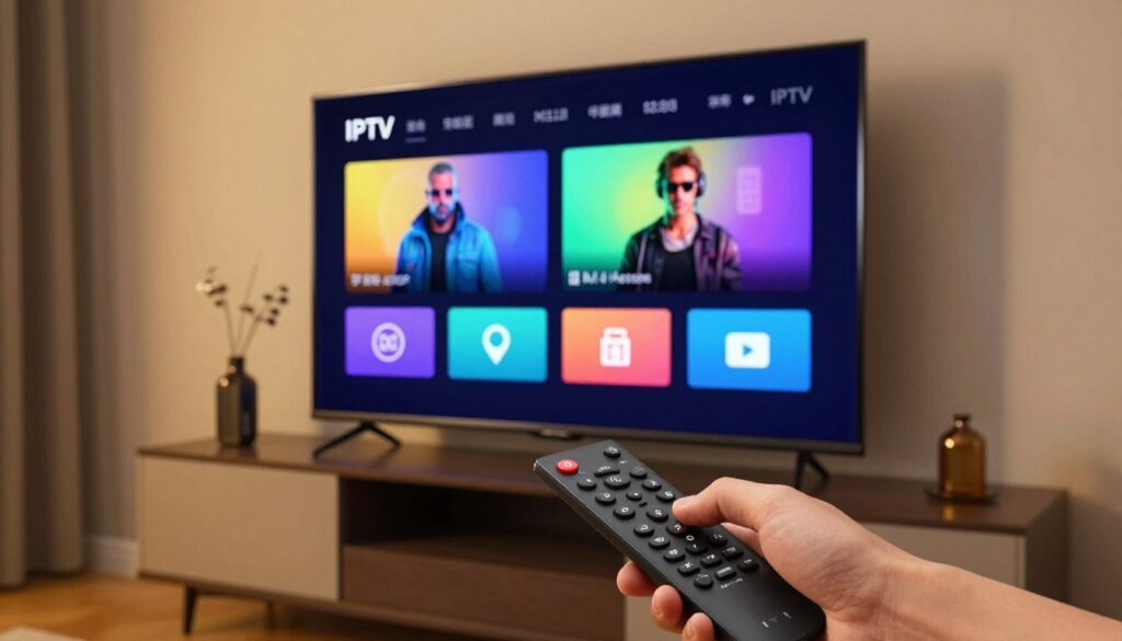 A sleek and modern IPTV interface displayed on a high-definition television screen, showcasing vibrant icons and a user-friendly layout. In the foreground, there’s a hand interacting with a remote control, emphasizing intuitive usability. The middle ground features the TV stand with decorative elements, reflecting a contemporary living room setting. The background includes soft ambient lighting that creates a cozy atmosphere, with warm tones that enhance the tech-savvy feel of the scene. The angle is slightly elevated to capture the entire setup, presenting a comprehensive view of the IPTV interface in action. The overall mood should convey innovation and ease of use, emphasizing the technical specifications while maintaining an inviting ambiance. A sleek and modern IPTV interface displayed on a high-definition television screen, showcasing vibrant icons and a user-friendly layout. In the foreground, there’s a hand interacting with a remote control, emphasizing intuitive usability. The middle ground features the TV stand with decorative elements, reflecting a contemporary living room setting. The background includes soft ambient lighting that creates a cozy atmosphere, with warm tones that enhance the tech-savvy feel of the scene. The angle is slightly elevated to capture the entire setup, presenting a comprehensive view of the IPTV interface in action. The overall mood should convey innovation and ease of use, emphasizing the technical specifications while maintaining an inviting ambiance.