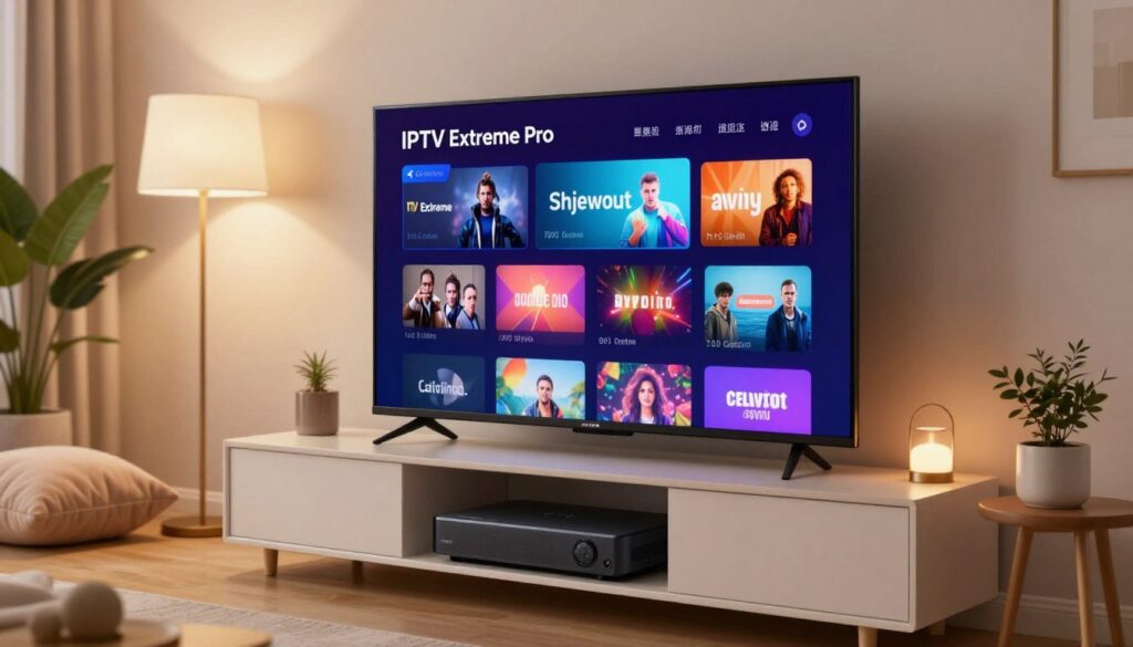 A sleek and modern digital interface of "IPTV Extreme Pro" displayed on a flat-screen TV in a cozy living room setting. In the foreground, a stylish TV console holds a contemporary streaming device, surrounded by plush cushions and a decorative plant. The middle ground features the vibrant screen showing a dynamic, user-friendly IPTV menu filled with colorful channel icons, illustrating a diverse range of streaming options. The background displays soft, ambient lighting from elegant lamps, creating a warm atmosphere. The room has a minimalist design with soft neutral colors that evoke comfort and relaxation. The overall mood should feel inviting and tech-savvy, suggesting a cutting-edge streaming experience in an intimate setting. The angle is slightly tilted to give a cinematic view of the TV and the living space. A sleek and modern digital interface of "IPTV Extreme Pro" displayed on a flat-screen TV in a cozy living room setting. In the foreground, a stylish TV console holds a contemporary streaming device, surrounded by plush cushions and a decorative plant. The middle ground features the vibrant screen showing a dynamic, user-friendly IPTV menu filled with colorful channel icons, illustrating a diverse range of streaming options. The background displays soft, ambient lighting from elegant lamps, creating a warm atmosphere. The room has a minimalist design with soft neutral colors that evoke comfort and relaxation. The overall mood should feel inviting and tech-savvy, suggesting a cutting-edge streaming experience in an intimate setting. The angle is slightly tilted to give a cinematic view of the TV and the living space.