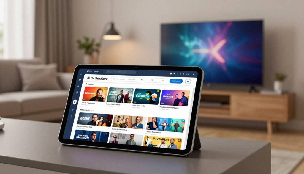 A sleek digital interface showcasing the IPTV Smarters Pro application on a modern tablet, prominently displayed in the foreground. The tablet, with a crisp, vibrant display, should show the app’s user-friendly layout with colorful thumbnails of popular TV channels and movies. In the middle ground, a stylish living room setup featuring a comfortable couch and a high-quality flat screen TV, harmoniously blending technology with comfort. The background should include soft ambient lighting that creates a cozy atmosphere, giving a sense of relaxation and enjoyment of entertainment at home. Emphasize a contemporary design aesthetic, with neutral colors and a clutter-free environment to highlight the digital experience. Aim for a warm, inviting mood that captures the essence of modern IPTV viewing in Sweden.