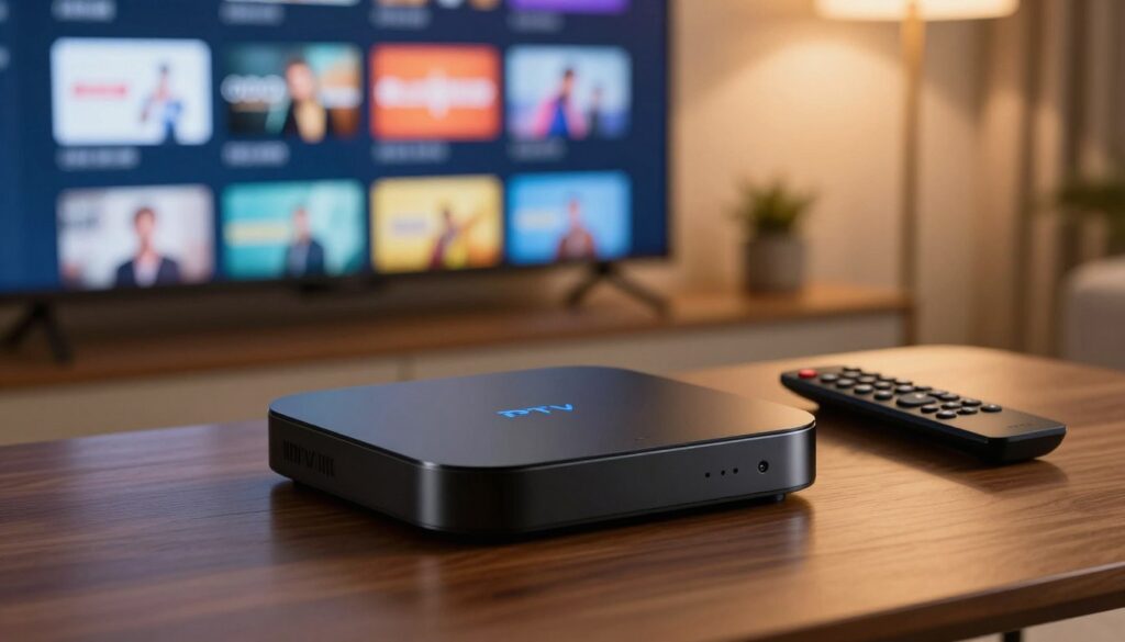 A sleek, modern IPTV box sits prominently in the foreground, showcasing its minimalist design with smooth, rounded edges. The device is glossy black with subtle blue LED indicators glowing softly, hinting at its functionality. In the middle ground, a stylish remote control rests next to the box, featuring an intuitive button layout, suggesting ease of use. The background is softly blurred, depicting a cozy living room setting with a large television screen displaying a vibrant user interface, featuring colorful app icons for streaming services. Warm, ambient lighting fills the scene, creating an inviting atmosphere, enhancing the feeling of comfort and cutting-edge technology. The camera angle is slightly above eye level, highlighting the IPTV box and the user experience in a home environment.
