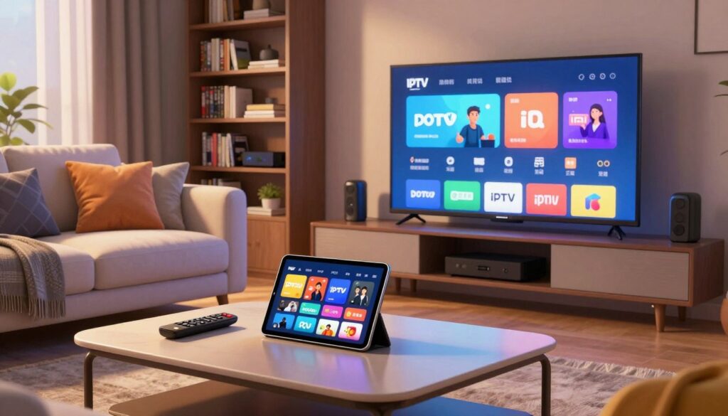 A sleek, modern living room featuring a large flat-screen TV displaying a vibrant IPTV app interface. In the foreground, a stylish coffee table holds a remote control and a tablet showcasing various IPTV app logos, emphasizing usability and choice. The middle ground includes a plush couch, elegantly arranged with decorative cushions, inviting a comfortable viewing experience. Soft, warm lighting creates a cozy atmosphere, casting gentle shadows that enhance the contemporary décor. In the background, a bookshelf filled with DVDs and streaming devices underscores the theme of digital entertainment. The scene exudes a welcoming mood, perfect for enjoying streaming content with family and friends, focusing on quality and comfort within the realm of IPTV technology.