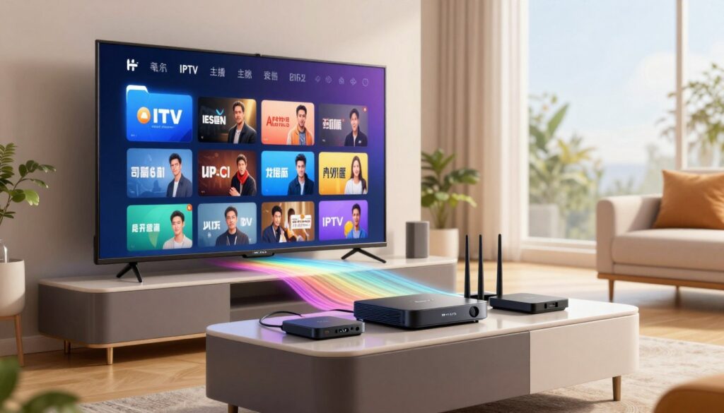 A sleek, modern living room featuring advanced IPTV technology at its core. In the foreground, a large, high-definition smart TV displays a vibrant streaming interface, with icons of popular streaming services visible. In the middle, a stylish entertainment center showcases various devices like a streaming box, a digital antenna, and a router, all interconnected by a network of cables. Flowing from the devices are colorful waves of data, symbolizing seamless connectivity and high-speed streaming. In the background, soft natural light filters through large windows, casting a warm glow over the scene, creating a cozy yet high-tech atmosphere. The overall mood is innovative and inviting, emphasizing the cutting-edge nature of modern IPTV technology. A sleek, modern living room featuring advanced IPTV technology at its core. In the foreground, a large, high-definition smart TV displays a vibrant streaming interface, with icons of popular streaming services visible. In the middle, a stylish entertainment center showcases various devices like a streaming box, a digital antenna, and a router, all interconnected by a network of cables. Flowing from the devices are colorful waves of data, symbolizing seamless connectivity and high-speed streaming. In the background, soft natural light filters through large windows, casting a warm glow over the scene, creating a cozy yet high-tech atmosphere. The overall mood is innovative and inviting, emphasizing the cutting-edge nature of modern IPTV technology.