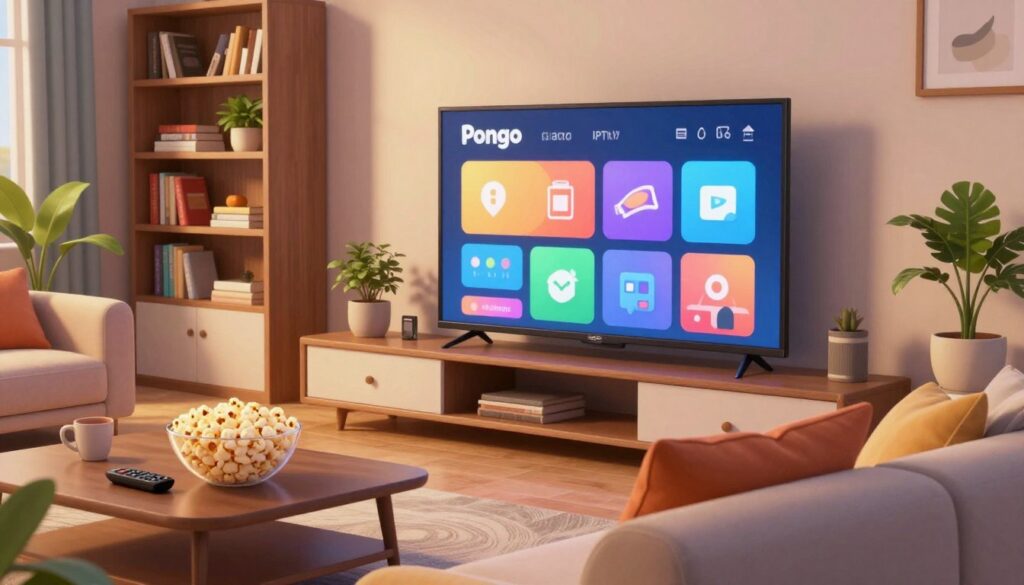 A sleek, modern living room setting, featuring a contemporary flat-screen TV displaying the vibrant Pongo IPTV interface with colorful icons. In the foreground, a comfortable couch adorned with plush cushions invites relaxation. To the left, a stylish coffee table holds a remote control and a bowl of popcorn, emphasizing a cozy movie-watching atmosphere. The background showcases an elegant bookshelf filled with books and indoor plants, contributing to a welcoming ambiance. Soft, warm lighting illuminates the scene, accentuating the inviting mood. Shot with a slightly low angle to capture the living room's depth, creating a sense of immersion for the viewer. The overall ambiance reflects excitement and engagement with streaming entertainment through Pongo IPTV.