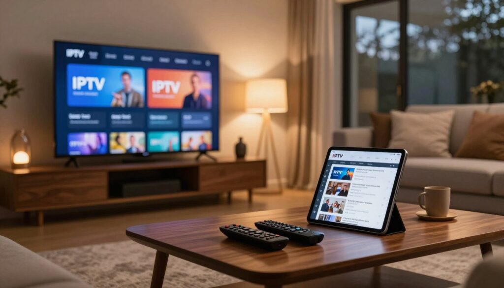 A sleek, modern living room setup with a large flat-screen TV displaying enticing IPTV service interfaces. In the foreground, an elegant wooden coffee table holds various remote controls and a tablet showcasing IPTV reviews. The middle ground features a stylish couch with cushions, and an inviting atmosphere is enhanced by warm, ambient lighting from decorative lamps casting soft shadows. In the background, large windows reveal a serene outdoor view, hinting at a peaceful setting. The image captures a sense of modern comfort and technology, emphasizing the theme of evaluating IPTV providers. The overall mood is professional yet cozy, designed to convey trust and quality in IPTV services. Aim for a balanced composition that draws the viewer's eye from the tech elements to the inviting room ambiance. A sleek, modern living room setup with a large flat-screen TV displaying enticing IPTV service interfaces. In the foreground, an elegant wooden coffee table holds various remote controls and a tablet showcasing IPTV reviews. The middle ground features a stylish couch with cushions, and an inviting atmosphere is enhanced by warm, ambient lighting from decorative lamps casting soft shadows. In the background, large windows reveal a serene outdoor view, hinting at a peaceful setting. The image captures a sense of modern comfort and technology, emphasizing the theme of evaluating IPTV providers. The overall mood is professional yet cozy, designed to convey trust and quality in IPTV services. Aim for a balanced composition that draws the viewer's eye from the tech elements to the inviting room ambiance.