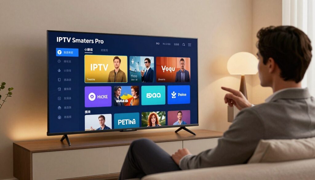 A sleek, modern user interface of IPTV Smarters Pro displayed on a high-definition smart TV. In the foreground, a well-dressed professional in business attire is sitting comfortably on a contemporary sofa, intently exploring the app’s features on the screen. The middle layer showcases the IPTV Smarters Pro interface with vibrant menu options, live TV sections, and an intuitive layout, illuminated by soft ambient lighting that highlights its sleek design. In the background, a stylish living room scene with minimalist decor and soft, warm tones sets a cozy yet sophisticated atmosphere. The angle captures the interaction between the user and the TV screen, emphasizing the technology's ease of use and modern aesthetics.