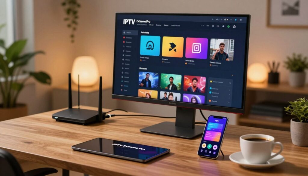 A sleek, modern workspace featuring a high-resolution monitor displaying the IPTV Extreme Pro interface, showcasing vibrant channel icons and a user-friendly menu. In the foreground, a smartphone with the IPTV Extreme Pro app open, resting on a clean wooden desk, next to a cup of coffee. In the middle, an organized setup with a router and HDMI cables neatly arranged, emphasizing the installation process. The background includes a softly lit room with a cozy ambiance, adorned with plants for a touch of nature. The lighting is warm and inviting, creating a professional yet relaxed atmosphere, perfect for technology enthusiasts. A sleek, modern workspace featuring a high-resolution monitor displaying the IPTV Extreme Pro interface, showcasing vibrant channel icons and a user-friendly menu. In the foreground, a smartphone with the IPTV Extreme Pro app open, resting on a clean wooden desk, next to a cup of coffee. In the middle, an organized setup with a router and HDMI cables neatly arranged, emphasizing the installation process. The background includes a softly lit room with a cozy ambiance, adorned with plants for a touch of nature. The lighting is warm and inviting, creating a professional yet relaxed atmosphere, perfect for technology enthusiasts.