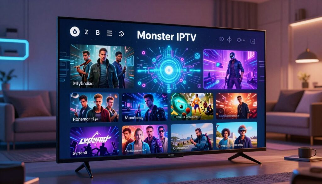 A vibrant digital artwork depicting the concept of "Monster IPTV," showcasing a dynamic streaming service. In the foreground, a sleek, modern TV screen displays a colorful array of diverse content thumbnails, representing various genres like movies, sports, and documentaries. The middle layer features abstract representations of digital streaming technology, such as glowing data streams and interconnected nodes, symbolizing vast content libraries. The background is a futuristic living room setting, dimly lit with soft ambient lighting, enhancing a cozy viewing atmosphere. The overall mood is engaging and inviting, with a sense of excitement for limitless entertainment possibilities, captured from a slightly elevated angle to emphasize the depth and complexity of the IPTV service.