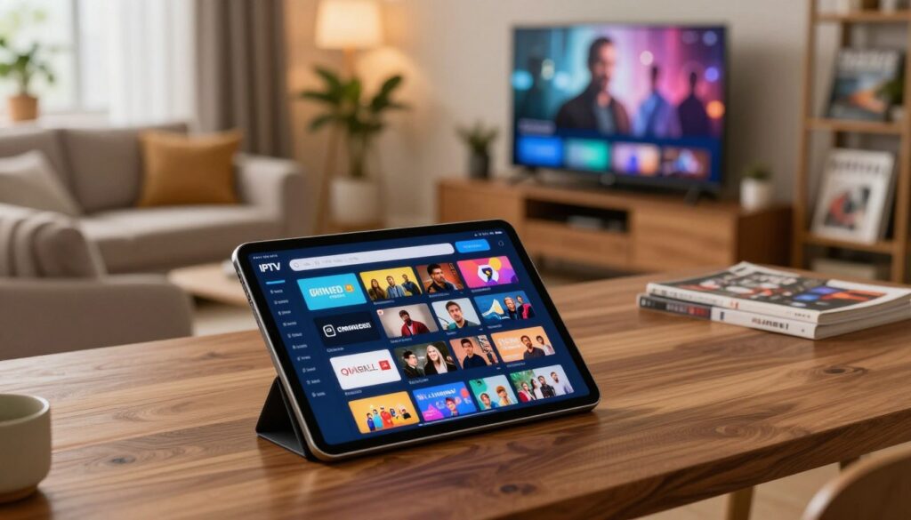 A visually engaging composition displaying a detailed IPTV channel list. In the foreground, a sleek tablet rests on a modern wooden desk, showing a vibrant and colorful interface with various channel icons and categories. In the middle ground, a cozy living room is visible, featuring a tasteful setup with a comfortable couch and a large flat-screen television displaying a captivating movie scene, hinting at the entertainment choices available. In the background, soft ambient lighting creates a warm atmosphere, with a few decorative plants and a bookshelf lined with technology magazines. The overall mood reflects excitement and convenience associated with IPTV services. The image should be captured with a slight top-down angle, emphasizing both the tablet and the cozy space, providing a sense of modern living.
