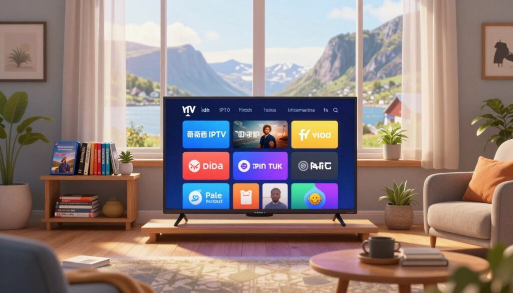 A visually striking representation of Viking IPTV channels, featuring an inviting living room setting as the foreground. In the center, a modern flat-screen TV displays a vibrant array of colorful streaming icons representing various channels. Surrounding the TV, cozy furniture and Scandinavian decor enhance the atmosphere, giving a sense of comfort and home entertainment. In the mid-background, a shelf holds a selection of DVDs and books, symbolizing diverse content. The background features a large window with a view of a Nordic landscape, bathed in soft, warm daylight filtering through sheer curtains. The overall mood is relaxed and engaging, illustrating the richness of Viking IPTV's offerings while maintaining a contemporary vibe.