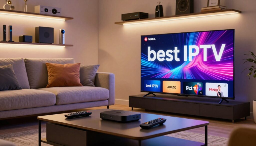 A vivid illustration of a modern living room setup showcasing the concept of "best IPTV." In the foreground, a sleek, high-tech television displays a vibrant, abstract graphic representing various IPTV services. Scattered on a stylish coffee table are remote controls and streaming devices. In the middle ground, a comfortable sofa with plush cushions invites users to enjoy their viewing experience. The background features a wall-mounted shelf adorned with tech gadgets, digital streaming boxes, and decorative items, all bathed in soft ambient lighting that creates a warm and inviting atmosphere. The scene conveys innovation and comfort, reflecting the criteria to evaluate the best IPTV providers while maintaining a sophisticated and professional aesthetic. Use natural lighting and a slightly angled perspective to enhance depth.