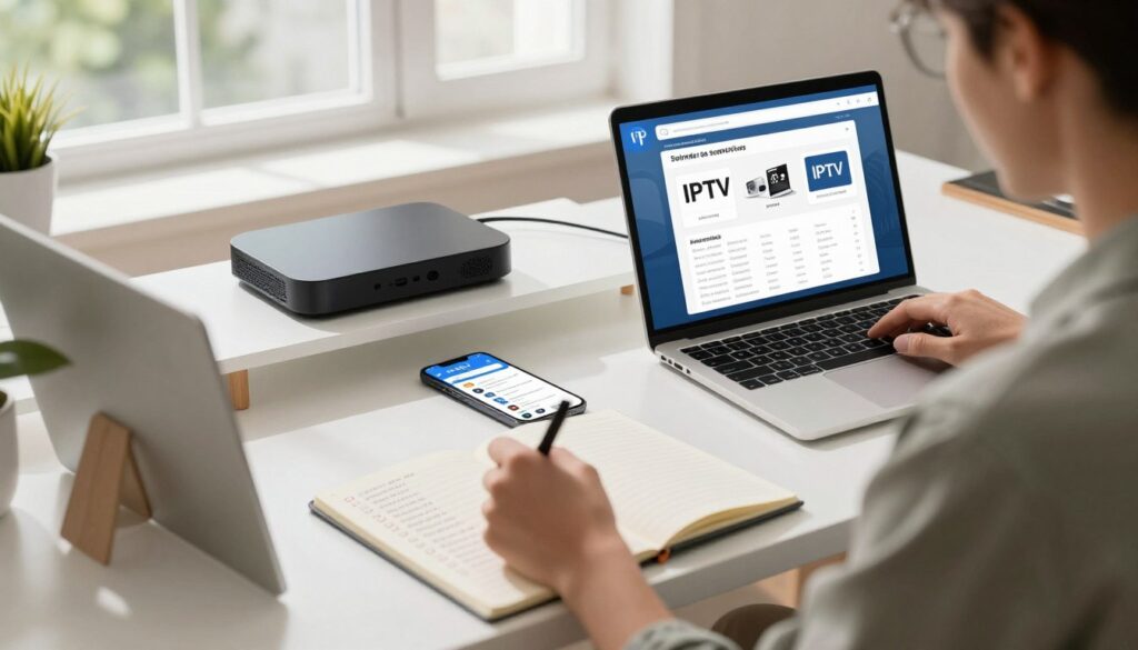 A well-organized home office setup focusing on preparations for selecting an IPTV service. In the foreground, a professional person in smart casual attire is browsing on a laptop, taking notes on a notepad filled with checklists. The middle layer features a modern desk with gadgets like a streaming device, an IPTV provider comparison chart, and a smartphone displaying service options. In the background, a bright window lets in natural light, illuminating the workspace, enhancing a sense of focus and productivity. Soft shadows create a relaxed yet professional atmosphere. The scene conveys diligence and readiness for making informed decisions about IPTV services.