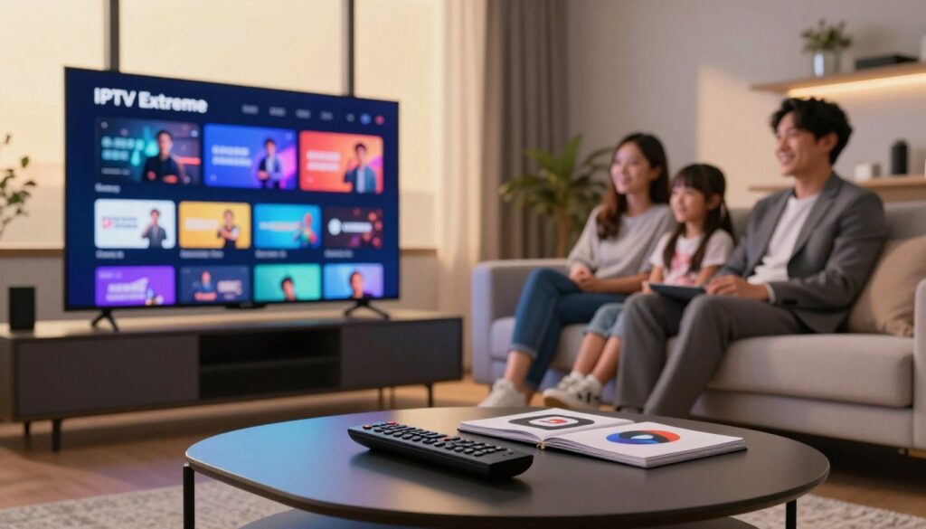 An innovative home entertainment setup showcasing IPTV Extreme, featuring a sleek modern living room with a high-definition smart TV displaying vibrant streaming content. In the foreground, a stylish coffee table holds a remote and a few streaming service logos, symbolizing the diversity of content available. The middle section highlights a cozy couch where a family of three, dressed in professional business attire, are engaged and smiling at the screen. The background includes a large window letting in warm, ambient light, creating a relaxed yet modern atmosphere. The focus is sharp with a slight bokeh effect on the background, conveying a sense of excitement and the future of streaming. The overall mood is inviting, showcasing the transformation in entertainment experiences through IPTV Extreme.